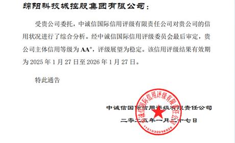 喜报│绵阳科技城控股集团有限公司获头部机构AA+主体信用评级